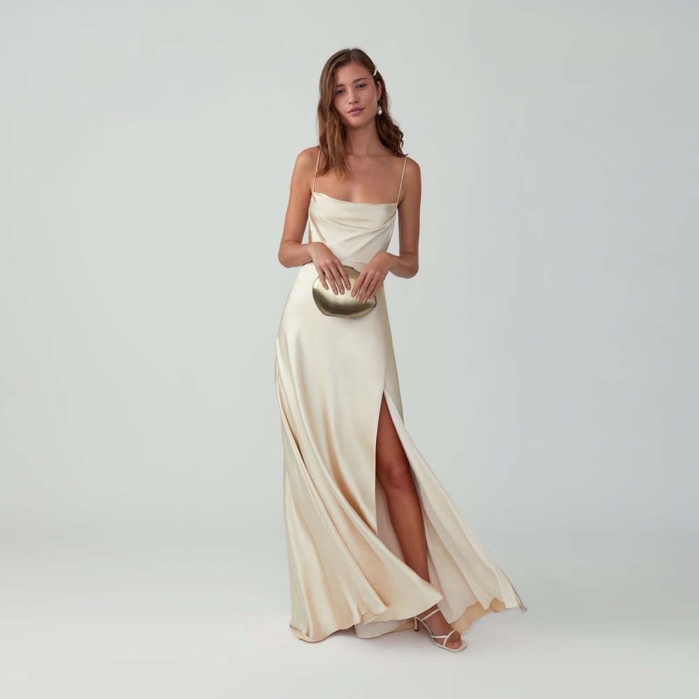 Fame & Partners Strappy Draped Gown in Champagne